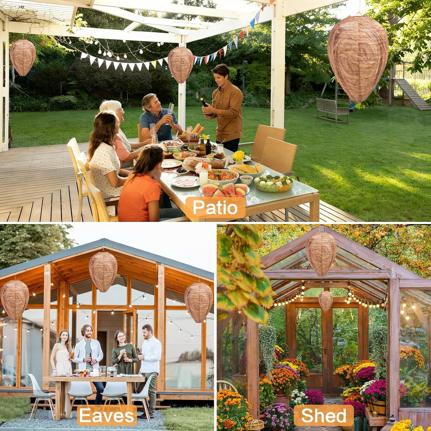 Fake Wasp Nest 4 Pack, Upgraded Waterproof Wasp Nest Decoy for Outdoor Hanging with Stainless Steel Frame, Realistic Artificial Hornet Nests for Patio, Porch, Eaves, Garden, House, Yellow