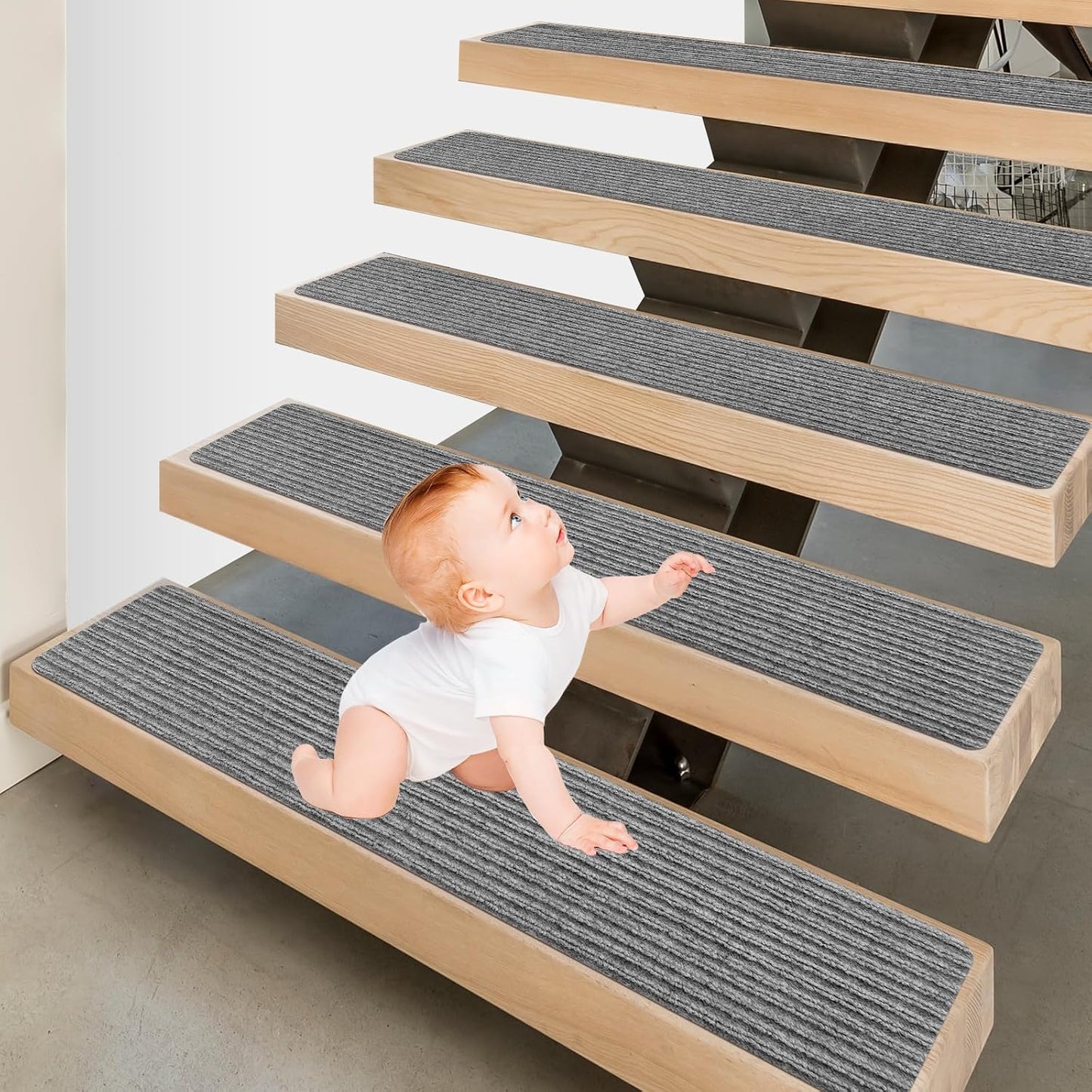 15 Pack 8 "X 30" Non-Slip Carpet Stair Treads for Indoor Wooden Steps, Made of Polyester and Reusable Adhesive, Suitable for Kids Elders and Pets（Black Lines）