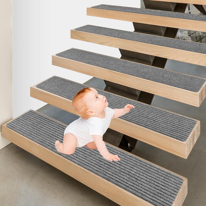 15 Pack 8 "X 30" Non-Slip Carpet Stair Treads for Indoor Wooden Steps, Made of Polyester and Reusable Adhesive, Suitable for Kids Elders and Pets（Black Lines）