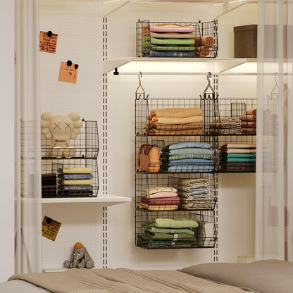 Jautokerdar 4 Tier Hanging Closet Organizer with Dividers,Extra Large Storage Hanging Shelf with 5 S Hooks 4 Dividers,Hang on Wire Closet Shelving Clothes Organizer-Black