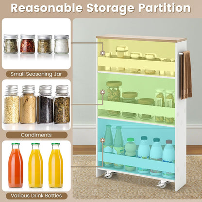 COSTWAY Slim Rolling Storage Cart, 4-Tier Rolling Utility Cart, Wood Kitchen Storage Cart with Handle & Wheels, Narrow Rolling Shelving Unit for Kitchen Bathroom Laundry Small Places (Plain White)