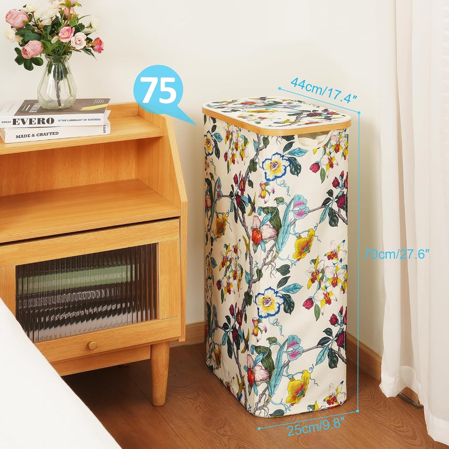 efluky Slim Laundry Basket with Lid, Narrow Laundry Hamper with Removable Bag, Skinny Dirty Clothes Basket with Bamboo Handles for Bathroom, Bedroom & Laundry Room, 75L Beige