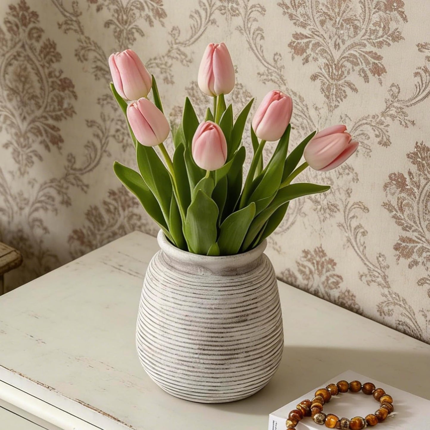 Ceramic Flower Vase, Small Rustic Farmhouse Vases Home Decor, Short Pottery Decorative Pampas Vase for Table Living Room Entryway Mantel Bookshelf Bedroom Bathroom Kitchen - 6" W
