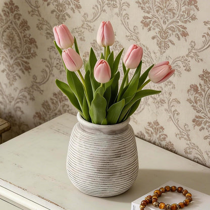 Ceramic Flower Vase, Small Rustic Farmhouse Vases Home Decor, Short Pottery Decorative Pampas Vase for Table Living Room Entryway Mantel Bookshelf Bedroom Bathroom Kitchen - 6" W