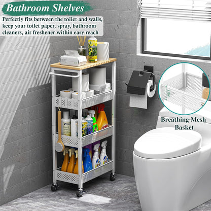 OKZEST Utility Slim Storage Cart, 4 Tier Small Rolling Kitchen Laundry Room Cart with Wood Top, Metal Narrow Bathroom Storage Cabinet Mobile Shelf Unit Organizer Trolley with Handle for Narrow Space