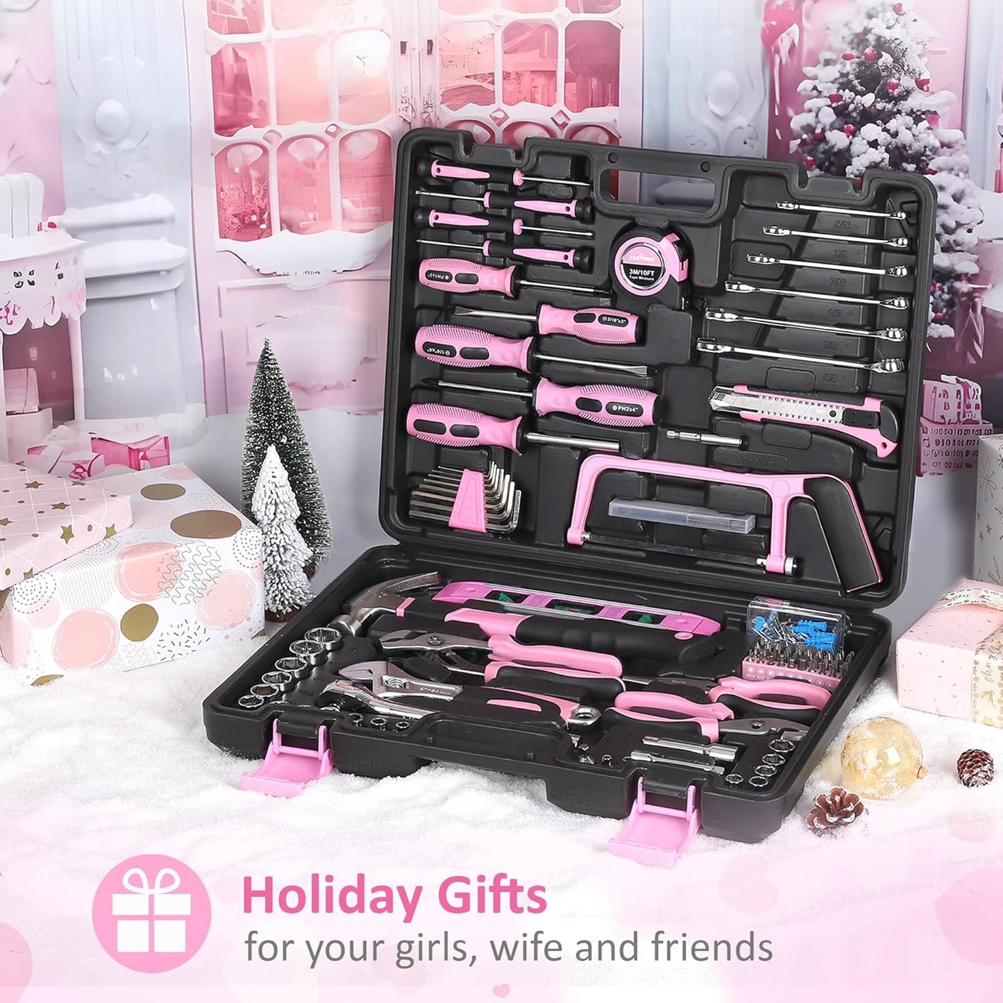 FASTPRO 198-Piece Pink Tool Set, Household Repairing Tool Set with Toolbox, SAE Mechanics Hand Tool Kit for DIY, Home Maintenance