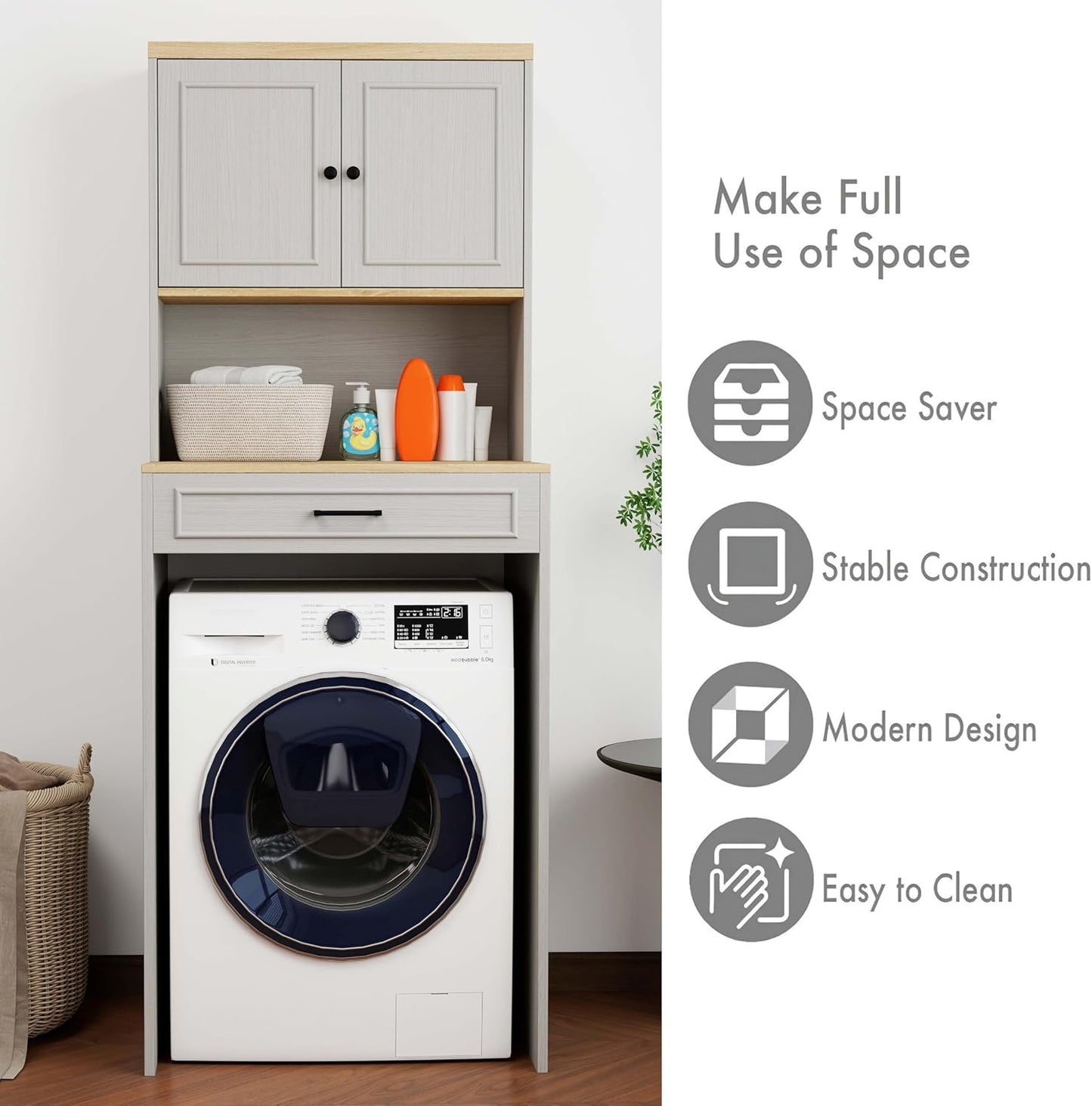 Laundry Room Storage Cabinet with Doors, Washer Dryer Countertop with Shelf & Laundry Basket, Over The Washer and Dryer Storage Shelf Cabinet for Bathroom, Easy Assembly (Large)