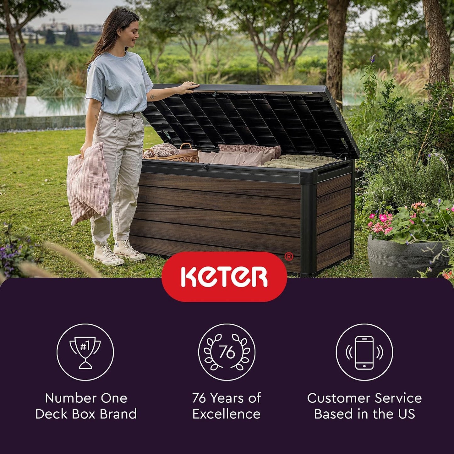 Keter Signature Everwood 30 Gallon Resin Outdoor Storage Box and Patio Furniture Side Table for Pool and Garden Accessories, Walnut