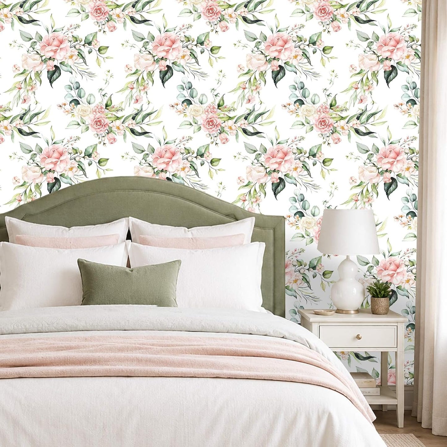 Pink Floral Peel and Stick Wallpaper Self Adhesive Removable Thick Vinyl Watercolor Botanical Flower Accent Wall for Bedroom Bathroom Living Room Renter Friendly 17.7" x 118"