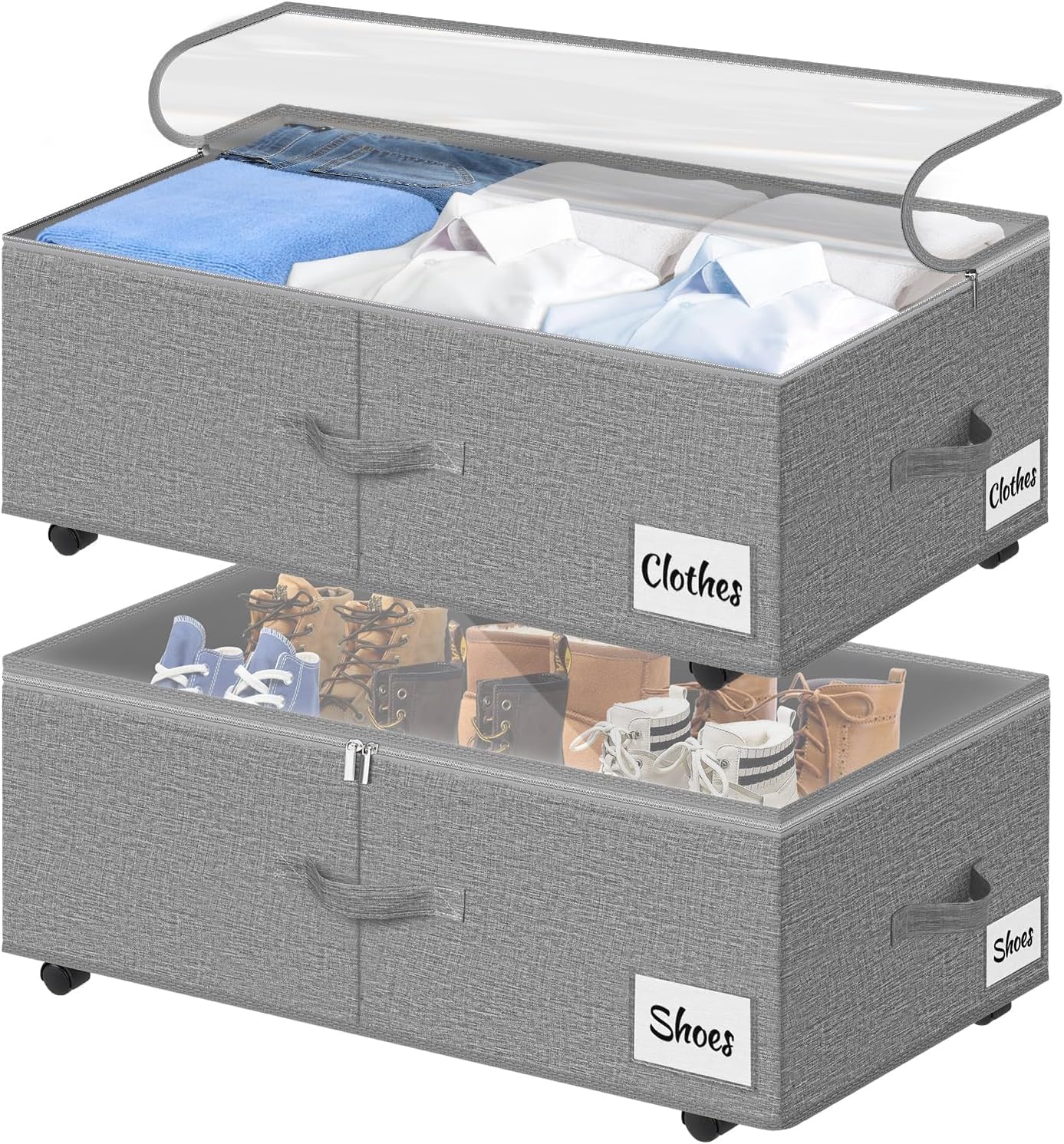 Under Bed Storage with Wheels, 2-Pack 10" Height XXL 75L Rolling Storage Bins, Quick Assembly Underbed Shoe Storage Containers with Clear Lid & Label, Dorm Under Bed Drawers for Clothes, Shoes, Black