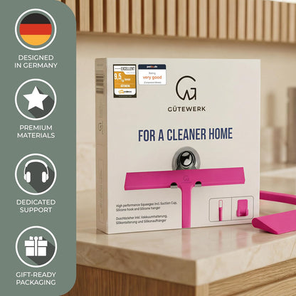 GÜTEWERK Silicone Shower Squeegee for Glass Doors & Mirrors with Stainless Steel Core, Streak-Free & No-Squeak Window Cleaning, 3-in-1 No-Drill Mount (Hook/Suction/Adhesive),White, 9 Inches