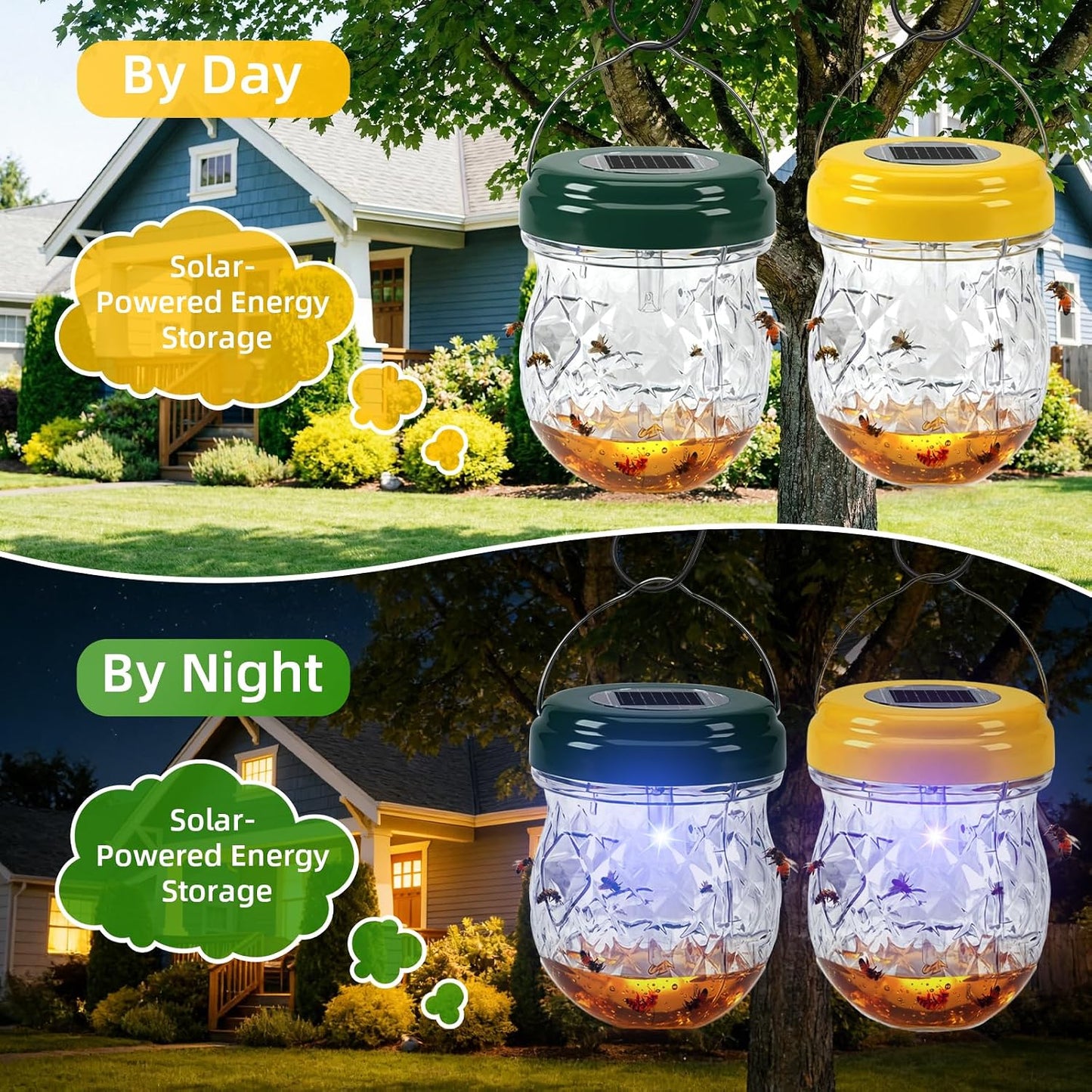 2026 New Wasp Traps Outdoor Hanging with LED Light, 4 Packs Wasp Trap Catcher, Yellow Jacket Traps, Solar Powered Hornet Trap Wasps for Yellow Jackets, Hornets, Waterproof Reusable(Green+Yellow)