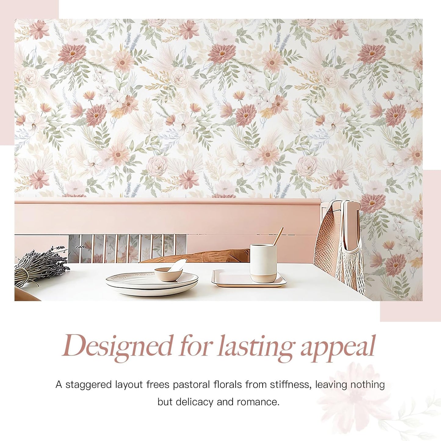 Dimoon 17.3''x78.7'' Peel and Stick Wallpaper Floral Cute Contact Paper Vintage Village Country Cottage Wallpaper Farmhouse Yellow Beige Renter Friendly Geometry Waterproof Embossed Kitchen Bedroom