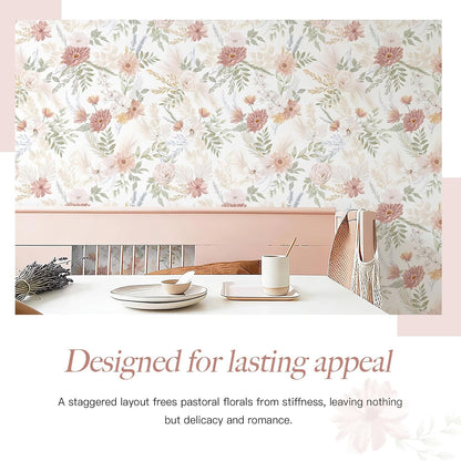 Dimoon 17.3''x78.7'' Peel and Stick Wallpaper Floral Cute Contact Paper Vintage Village Country Cottage Wallpaper Farmhouse Yellow Beige Renter Friendly Geometry Waterproof Embossed Kitchen Bedroom