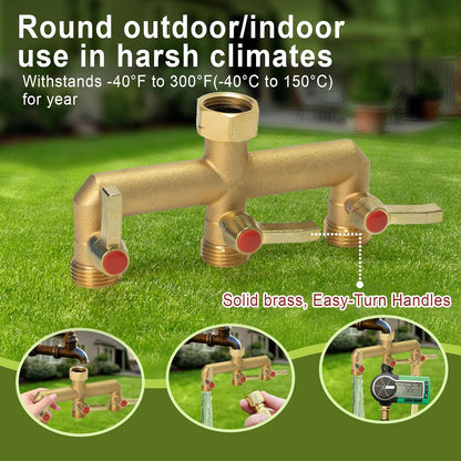 Brass Garden Hose Splitter 2/3/4 Way，Hose y Splitter with Shutoff，Heavy Duty Outdoor Faucet and Garden Connector，Extension Handles，3/4” GHT Threads