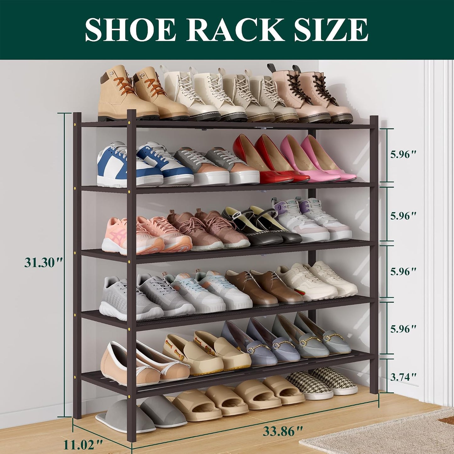 Smiry Bamboo Shoe Rack, 3 Tier Free Standing Wooden Shoe Organizer, Stackable Wood Shoe Storage Shelf for Closet, Entryway, 5 Horizontal Slats, 26.8"x11"x18.3", Natural
