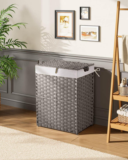 Greenstell Laundry Hamper with 2 Removable Liner Bags, Foldable Divided Clothes Hamper, 90L Handwoven Rattan Laundry Basket with Lid and Handles, No Assembly Needed, 18.3x13.3x24 Inches, Black
