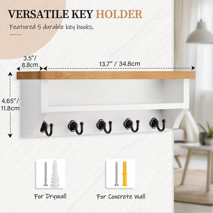 Nekon Key Holder Wall Mount, Wall Organizer Shelf with 5 Key Hooks, Room Decor for Home and Apartment Essentials, White