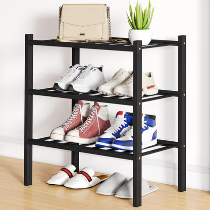 Smiry Bamboo Shoe Rack, 3 Tier Free Standing Wooden Shoe Organizer, Stackable Wood Shoe Storage Shelf for Closet, Entryway, 12 Vertical Slats, 2+1 Stack Standard Legs, 26.8"x11"x19.5", Natural