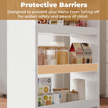 LIKIMIO 4 Tier Slim Storage Cart with Hooks, Wheels, Handle, Slide-Out Rolling Utility Cart for Small Spaces Kitchen, Narrow Mobile Shelving Unit Organizer Trolley, 23.6" L x 9.4" W