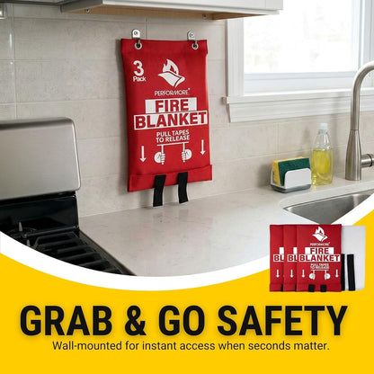 Performore 3-Pack Fire Blankets 40" x 40" Emergency Flame-Resistant Fire Suppression Blankets for Home, Kitchen, Grill, Car & Office Fiberglass Fire Safety Blanket for Small Fires