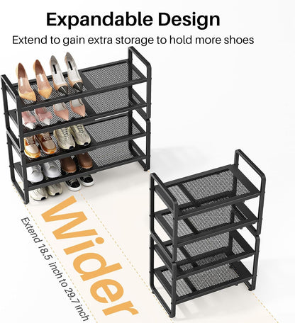 SNTD Shoe Rack - Expandable Shoe Organizer for Closet, Adjustable Metal Shoe Shelf Storage, Stackable Long Shoe Stand Holder for Garage, Entryway, Door Entrance (Black, 2-Tier)