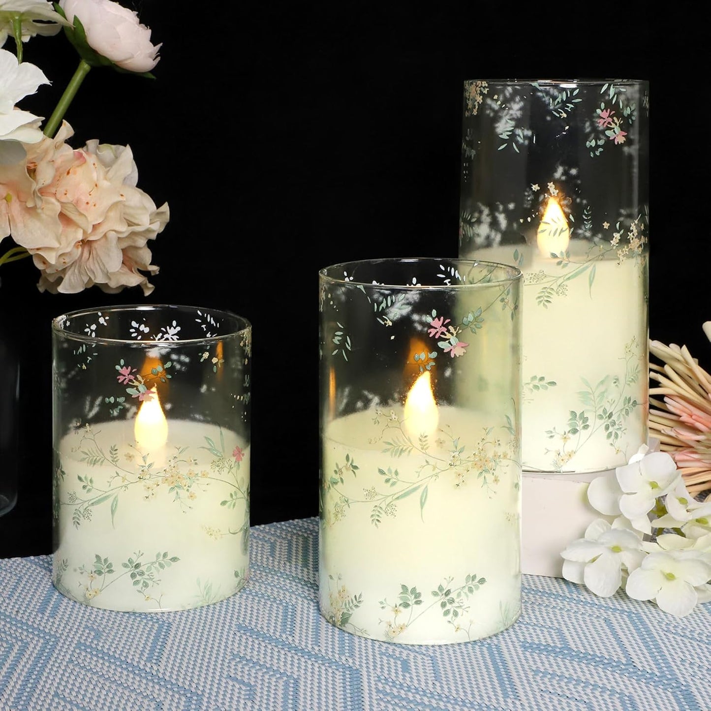 Glass Flameless Candles Flickering Battery Operated LED Pillar Candles Set of 3 with Timer and and 10-Key Remote Green Branch Floral Spring Summer Theme for Wedding Festival Home Decoration