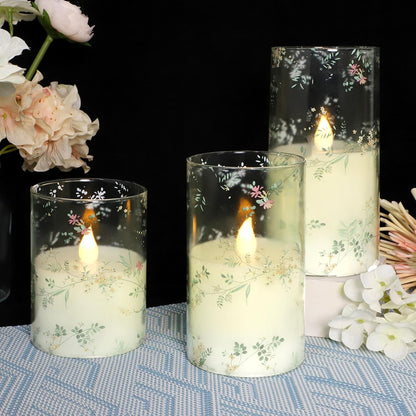 Glass Flameless Candles Flickering Battery Operated LED Pillar Candles Set of 3 with Timer and and 10-Key Remote Green Branch Floral Spring Summer Theme for Wedding Festival Home Decoration