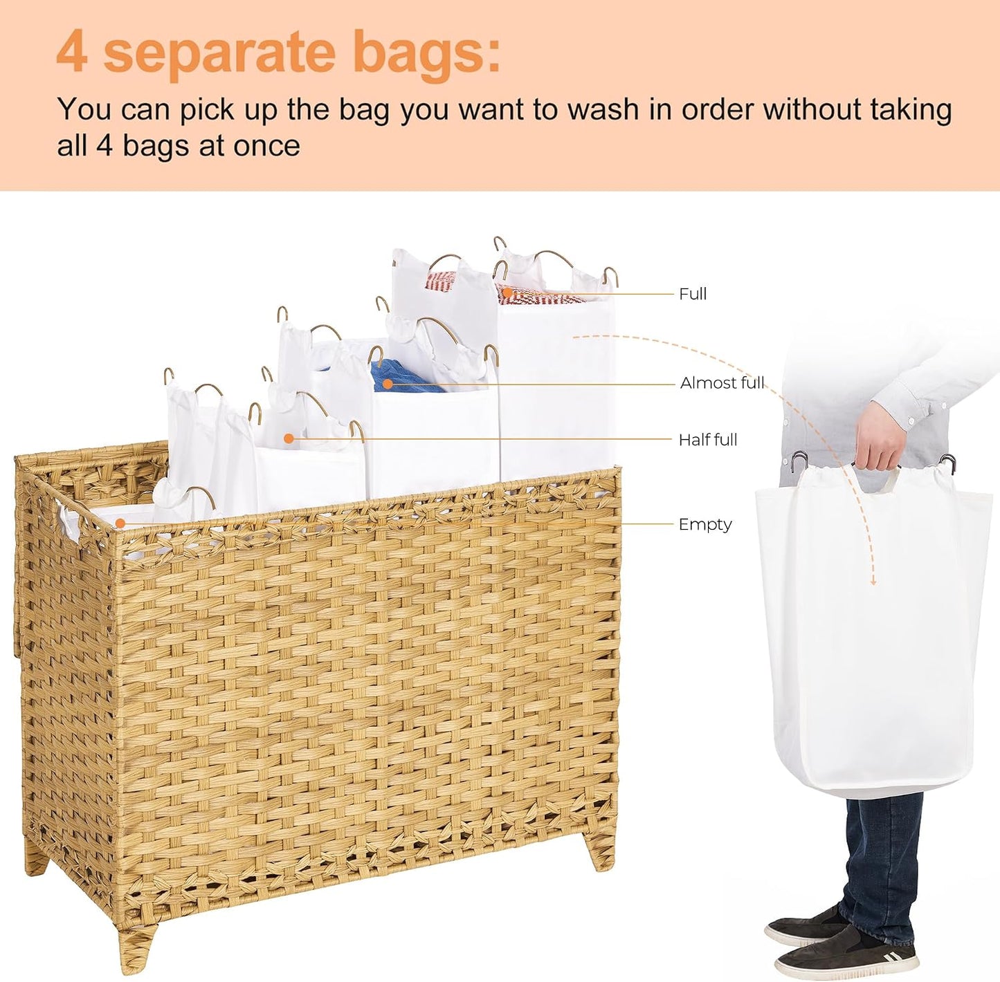 Laundry Hamper with 3 Removable Liner Bags; 132L Handwoven Rattan Laundry Basket with Lid & Heightened Feet; Clothes Hamper with Side Handles; Laundry Sorter with 3 Separate Sections