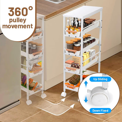 Slim Storage Cart, 5-Tier Narrow Rolling Kitchen Laundry Room Cart with Drawer and Wheels, Metal Utility Cart Slide Out Organizer for Small Spaces (White)