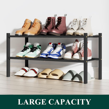 Smiry Bamboo Shoe Rack, 3 Tier Free Standing Wooden Shoe Organizer, Stackable Wood Shoe Storage Shelf for Closet, Entryway, 12 Vertical Slats, 2+1 Stack Standard Legs, 26.8"x11"x19.5", Natural