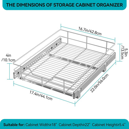 2 Tier Pull Out Cabinet Organizer 11" W X 22" D, Slide Out Drawers For Kitchen Cabinets, Pull Out Drawers For Cabinets Capacity Heavy Duty Caddy, Cabinet Pullout Shelves Chrome-Plated, Bathroom Pantry