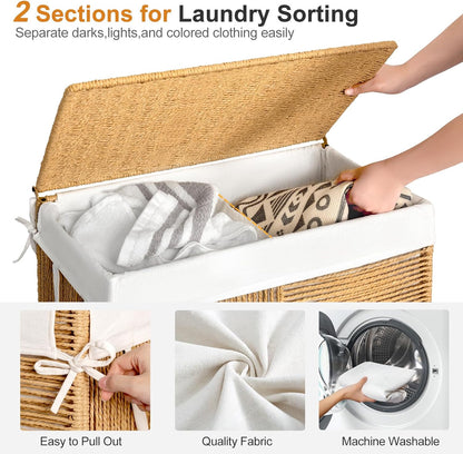 WOWLIVE Double Laundry Hamper with Lid, Handwoven Rolling Laundry Basket with Wheels, 115L Dirty Clothes Hamper with Removable Liner Bag Large Capacity Laundry Sorter Laundry Room Organization,Natural