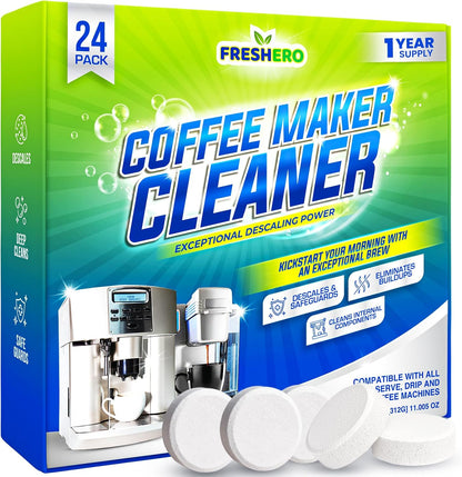 Coffee Maker Cleaner and descaler Tablets – 24 Pack, Compatible with Nespresso, Keurig, Breville, Ninja, Delonghi & more, Coffee pot cleaner tabs, Coffee Machine Descaling solution for upto 1 year