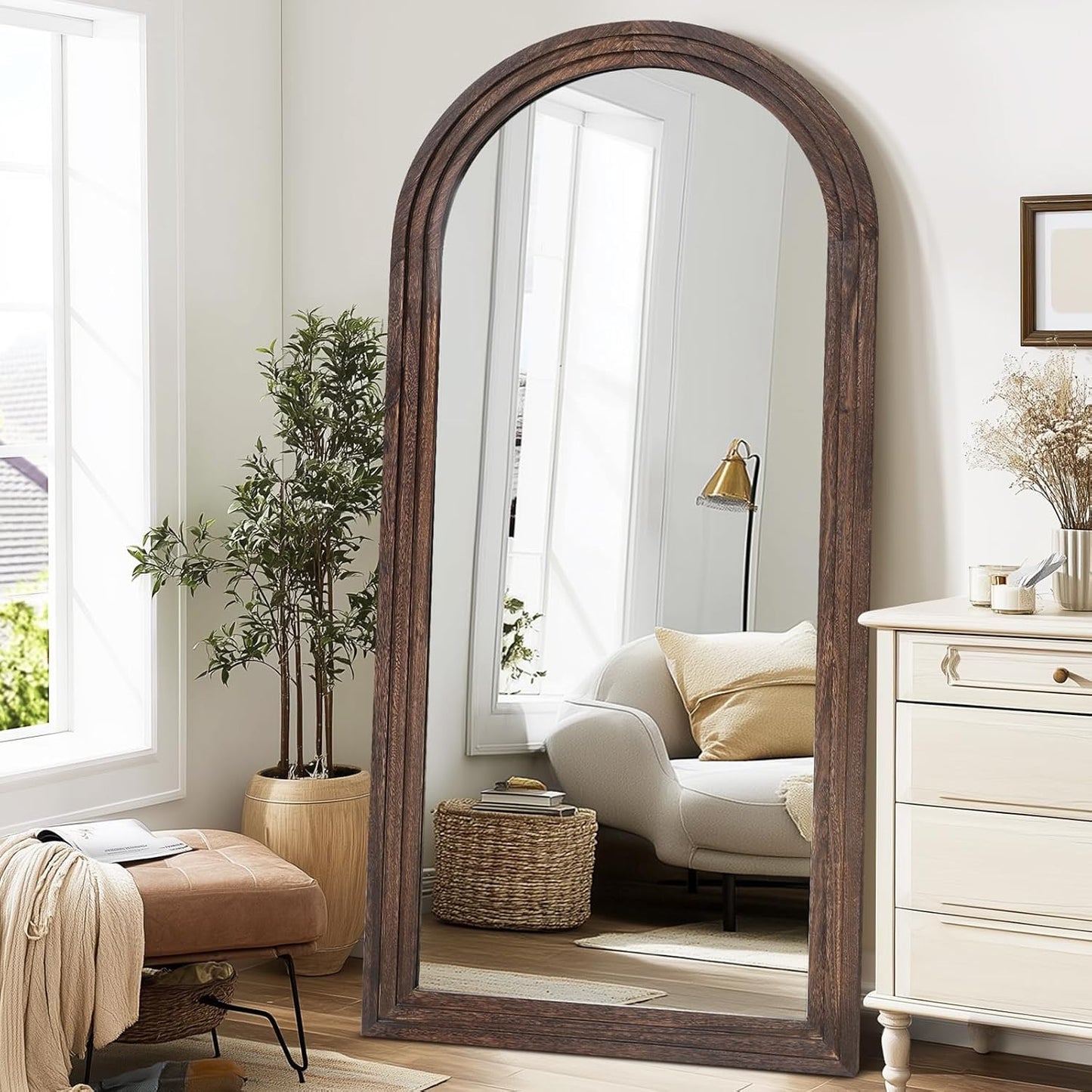 Solid Wood Full Length Mirror - 65"x22" Arched Floor Mirror, Free Standing & Wall Mounted - Elegant Design for Bedroom, Dressing Room, Hallway, Brown