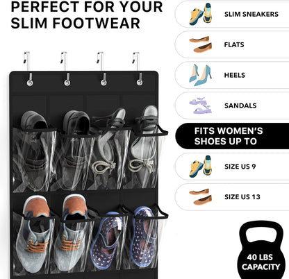 Simple Houseware 24 Pockets - Crystal Clear Over The Door Hanging Shoe Organizer, Gray (64'' x 19'')