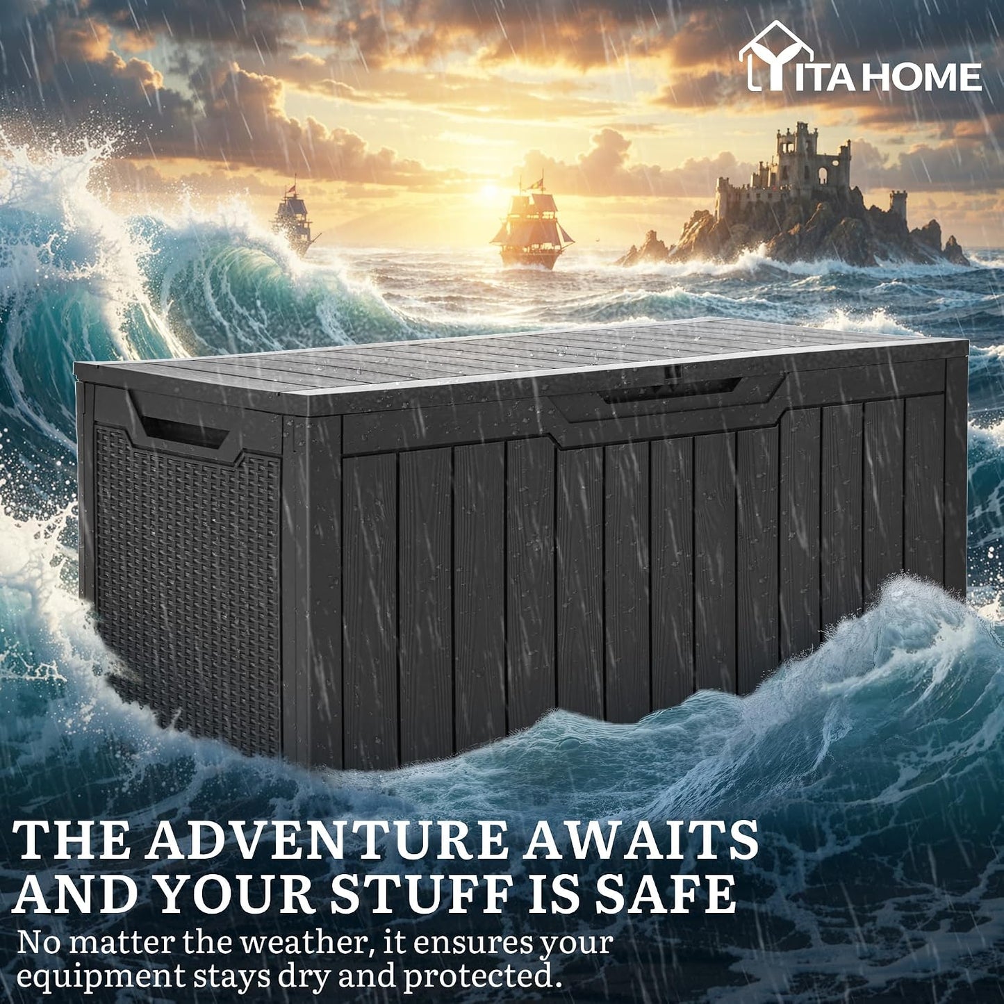 YITAHOME 100 Gallon Large Outdoor Deck Box | Waterproof Resin Storage Box, Lockable Indoor Outdoor Storage Container for Patio Furniture Cushions, Pool Accessories