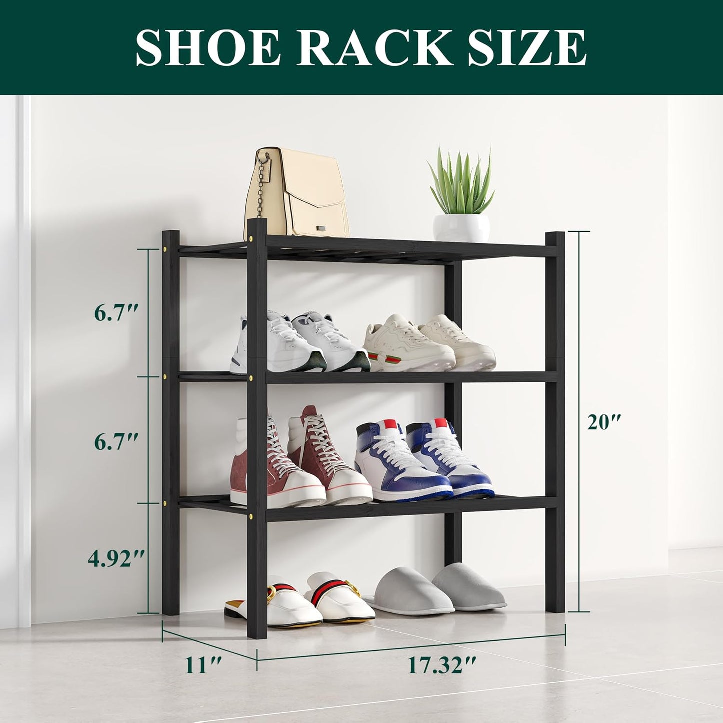 Smiry Bamboo Shoe Rack, 3 Tier Free Standing Wooden Shoe Organizer, Stackable Wood Shoe Storage Shelf for Closet, Entryway, 12 Vertical Slats, 2+1 Stack Standard Legs, 26.8"x11"x19.5", Natural