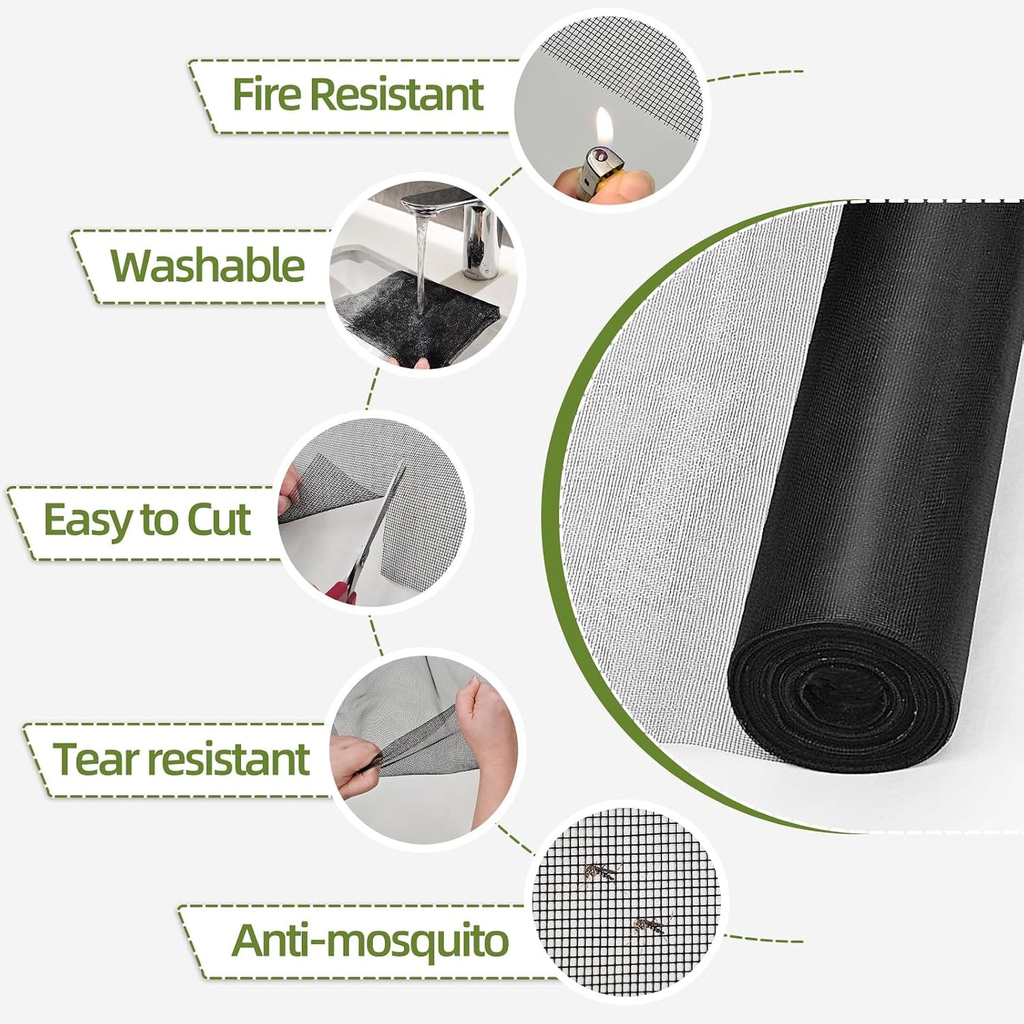 56 in × 100 ft Window Screen Mesh, Fiberglass Window Screen Replacement, Screen Mesh Roll for Window, Door, Patio, Porch (Black)