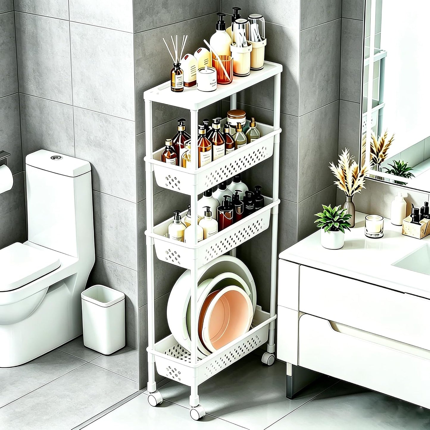 Slim 4 Tier Rolling Storage Cart Narrow Bathroom Organizer on Wheels Blue | 6.7" wide for tight bathroom/kitchen gaps, extra-tall tier, 360° casters, quick-dry shelves, tool-free storage rack