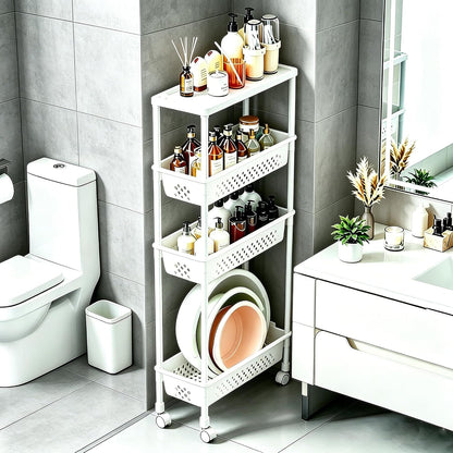 Slim 4 Tier Rolling Storage Cart Narrow Bathroom Organizer on Wheels Blue | 6.7" wide for tight bathroom/kitchen gaps, extra-tall tier, 360° casters, quick-dry shelves, tool-free storage rack