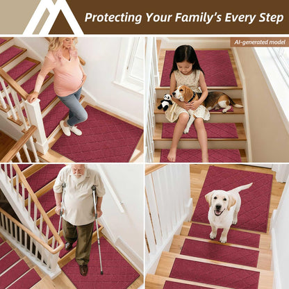 COSY HOMEER Edging Stair Treads Non-Slip Carpet Mat 28inX9in Indoor Stair Runners for Wooden Steps, Edging Stair Rugs for Kids and Dogs, 100% Polyester TPE Backing(4pc, Beige)