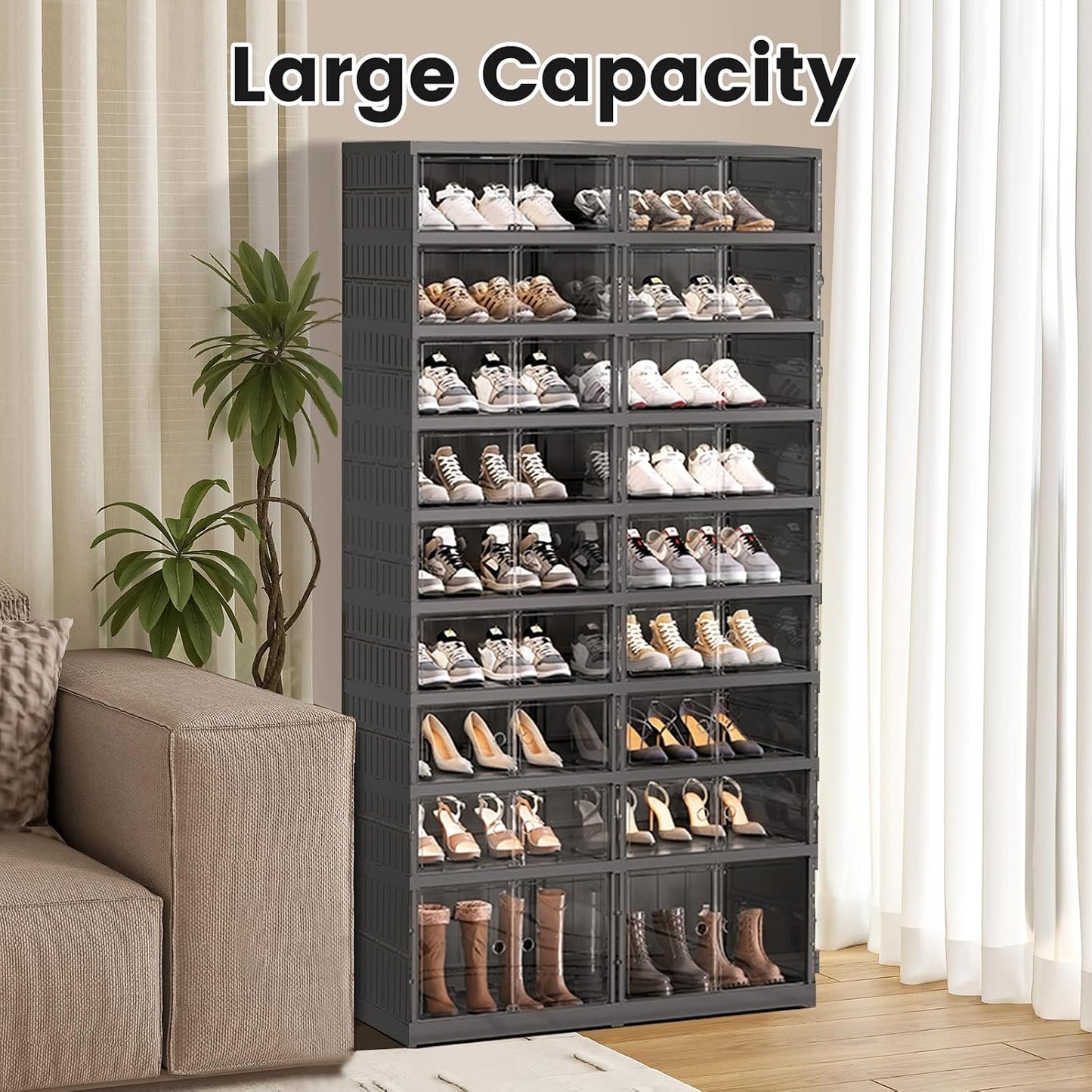 SYNCVIBE Shoe Rack Organizer for Closet Entryway Foldable Sneaker Storage Shoe, Collapsible Shoe Cabinet, Stackable Shoe Storage Cabinet with Lids for Living Room (6 Tiers 24 Pairs)