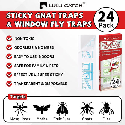 LULUCATCH Window Fly Trap, 24 Pack Fruit Fly Traps for Indoors, Sticky Gnat Trap Bug Trap, Non-Toxic Odorless Flying Insect Trap, Pet Safe Bug Catcher for Fruit Fly, Mosquitos, Fungus & Flying Insect