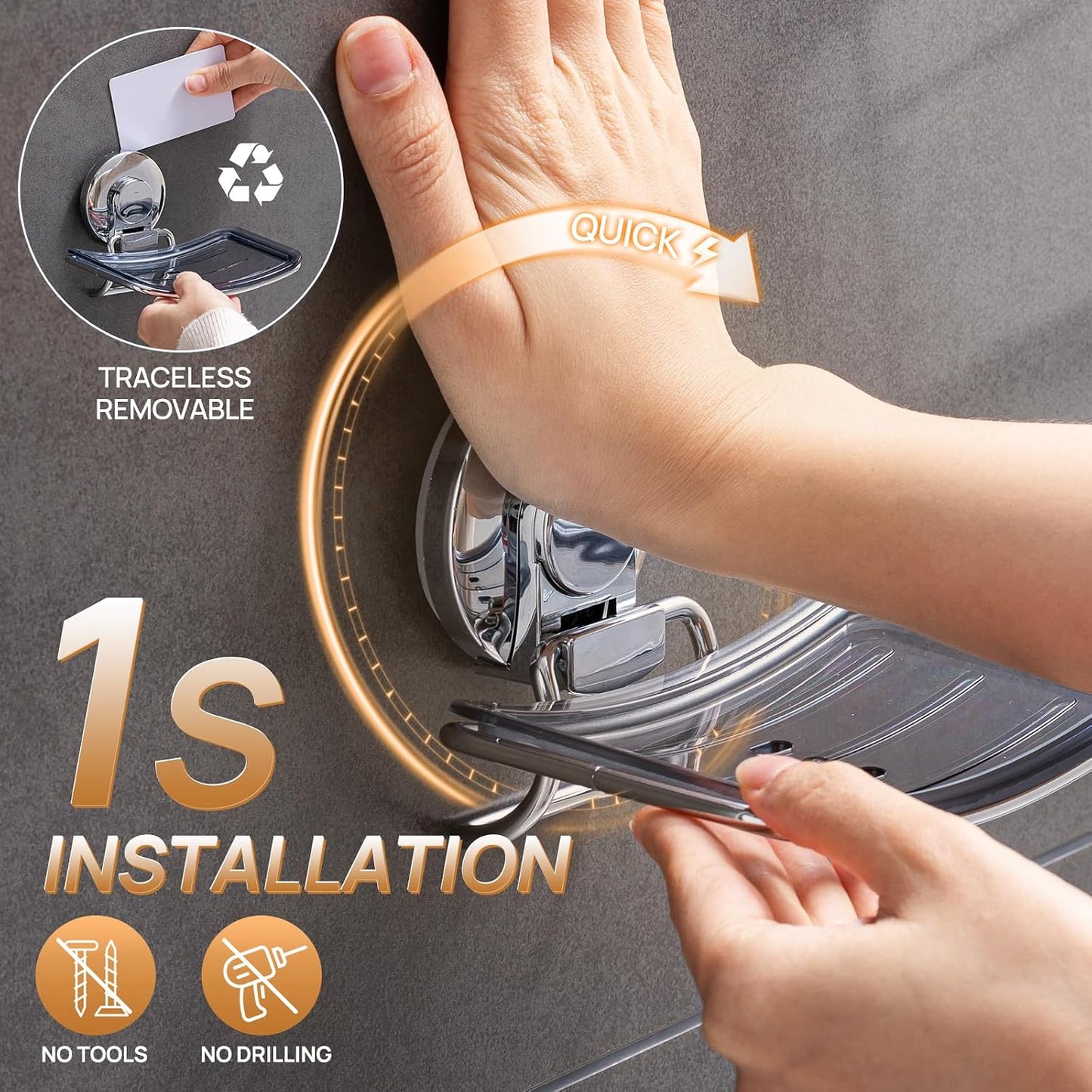 LEVERLOC Soap Dish Holder for Shower Suction Cup Wall Mounted Self Draining NO-Drilling Removable Bar Soap Sponge Holder for Bathroom Bathtub Kitchen Sink Waterproof Strong Vacuum Suction Adhesion
