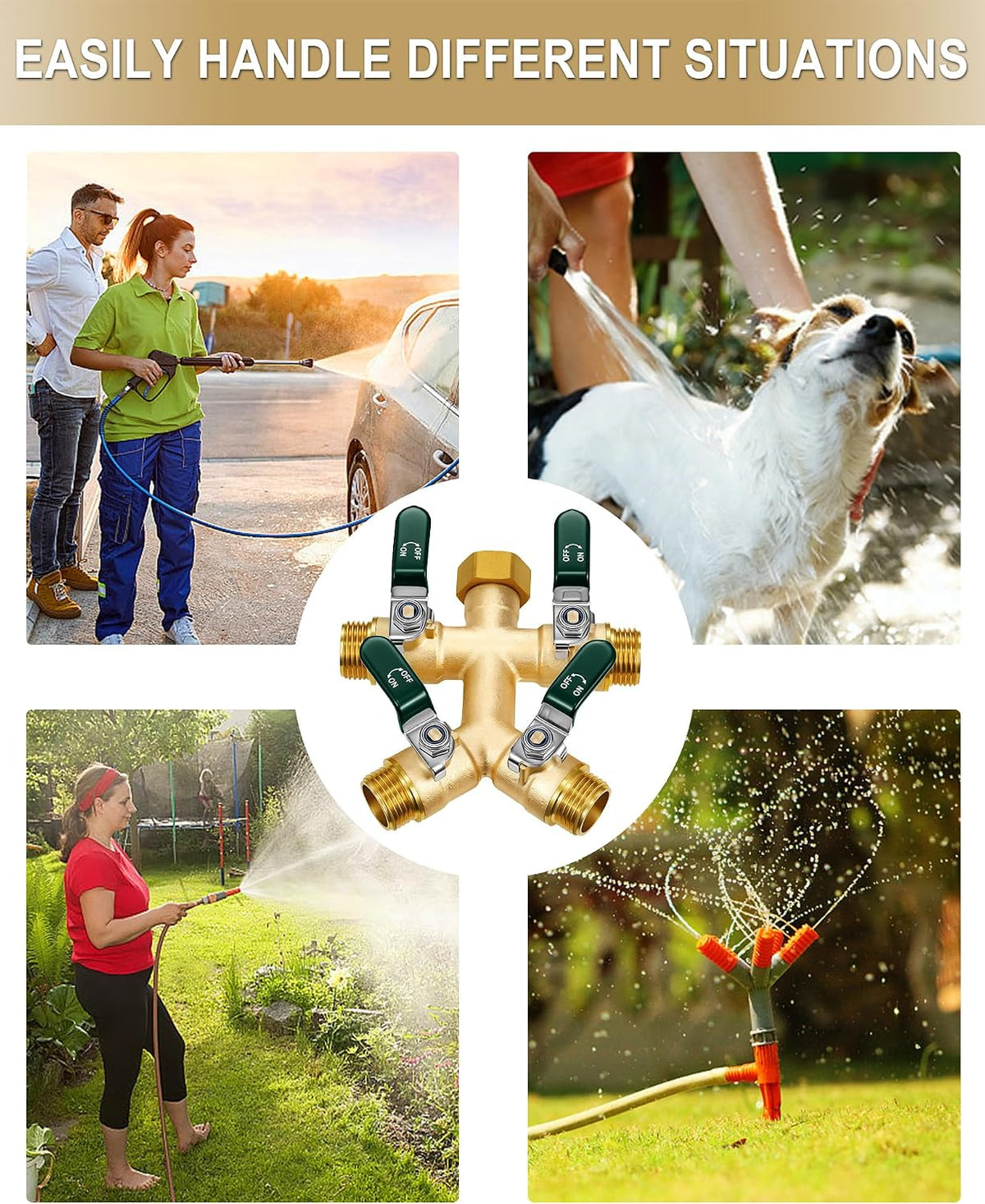 EBH Garden Hose Splitter 2 Way, Heavy Duty Solid Brass Hose Splitter with Shutoff Valves, Water Spigot Splitter With 304 Stainless Steel Handle, Full Flow Outdoor Faucet Splitter, 3/4" GHT Thread