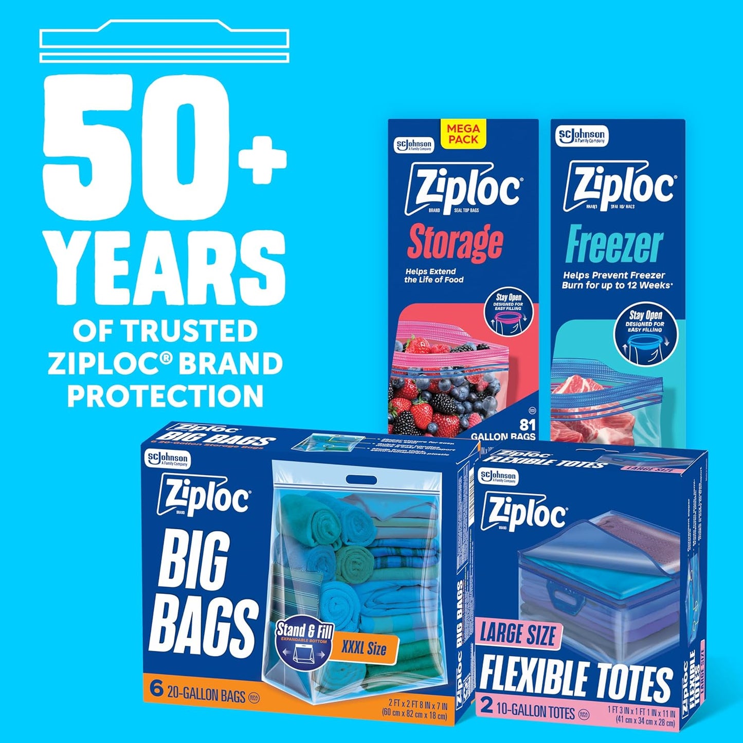 Ziploc Flexible Totes, X-Large Size, 22 Gallon, 2 Count Organizing Tote with Zipper and Built‑In Handles, Flexible & Stackable Clothing and Home Storage Bag