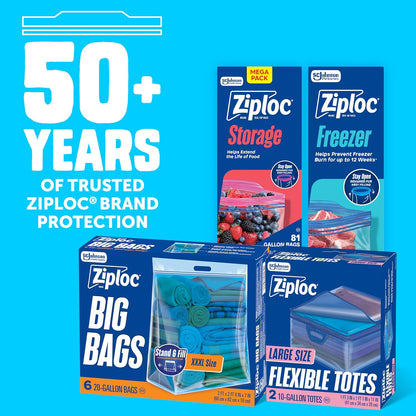 Ziploc Flexible Totes, X-Large Size, 22 Gallon, 2 Count Organizing Tote with Zipper and Built‑In Handles, Flexible & Stackable Clothing and Home Storage Bag