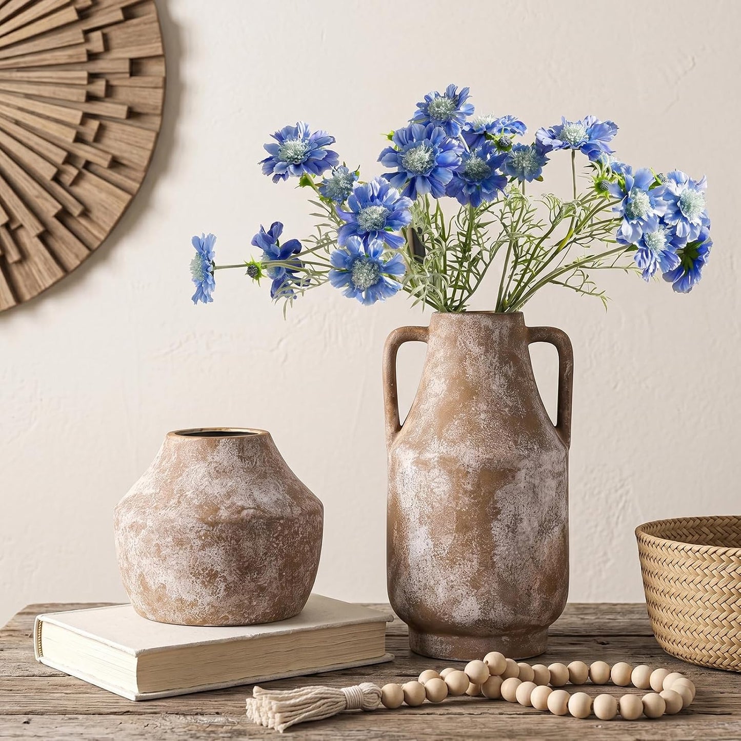 CUCUMI Ceramic Vase Set of 5, Home Decor Farmhouse Décor Handmade Pottery Vases for Pampas Grass, Dried Fresh Flowers, Table, Living Room, Kitchen, Shelf, Entryway Mantel Neutral Tones