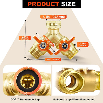 Garden Hose Splitter 3/4" GHT Full Flow 2 Way Brass Hose Splitter Heavy Duty All Metal Hose Y Splitter with Shutoff Outdoor Faucet Water Hose Splitter Y Valve Tap Adapter for Outdoor Garden